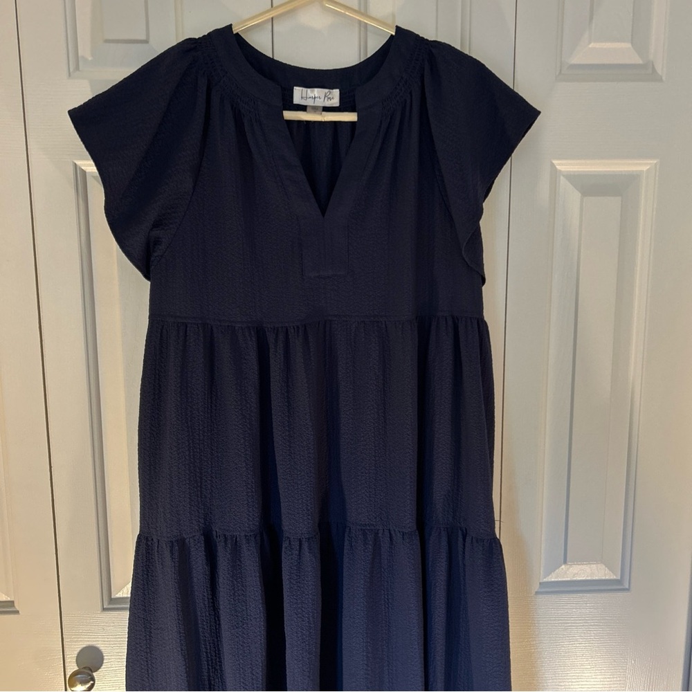 Harper Rose Dress Sz 10 Navy Blue Maxi V- Neck Tiered Skirt Pockets Tie on Back